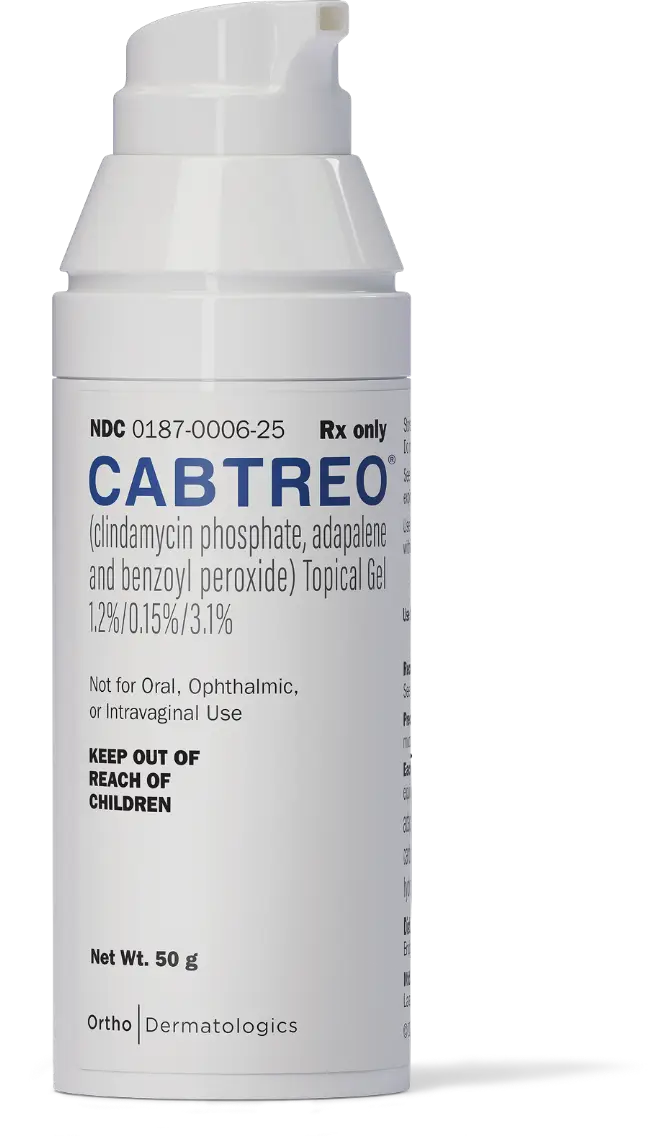 Product shot of CABTREO
(clindamycin phosphate, adapalene and benzoyl peroxide) Topical Gel 1.2%/0.15%/3.1%
